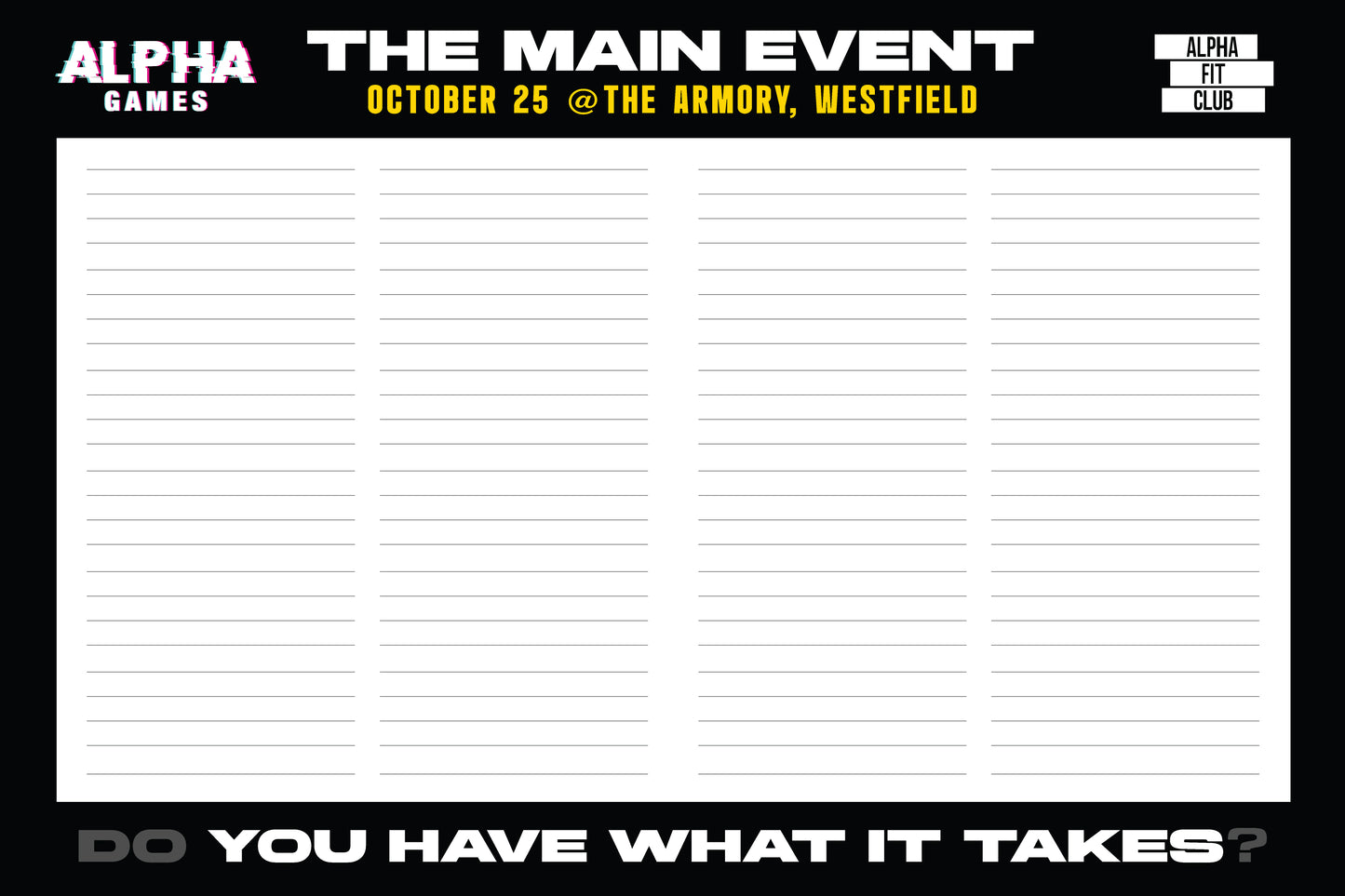 2025 - 32"H x 48"W 13 OZ Alpha Games MAIN EVENT Sign Up Banner